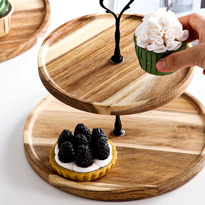 2 Tier Round Dessert Tray Acacia Wood 20cm Brown Serving Stand