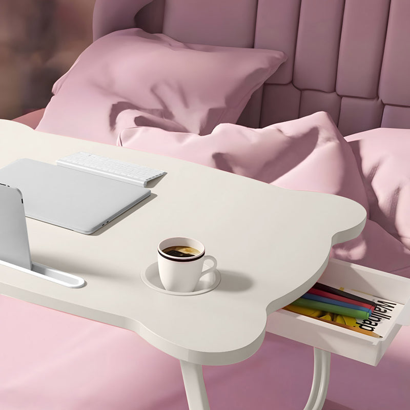White Portable Bed Desk Adjustable Folding with Drawer and Cup Holder 60x48x28cm