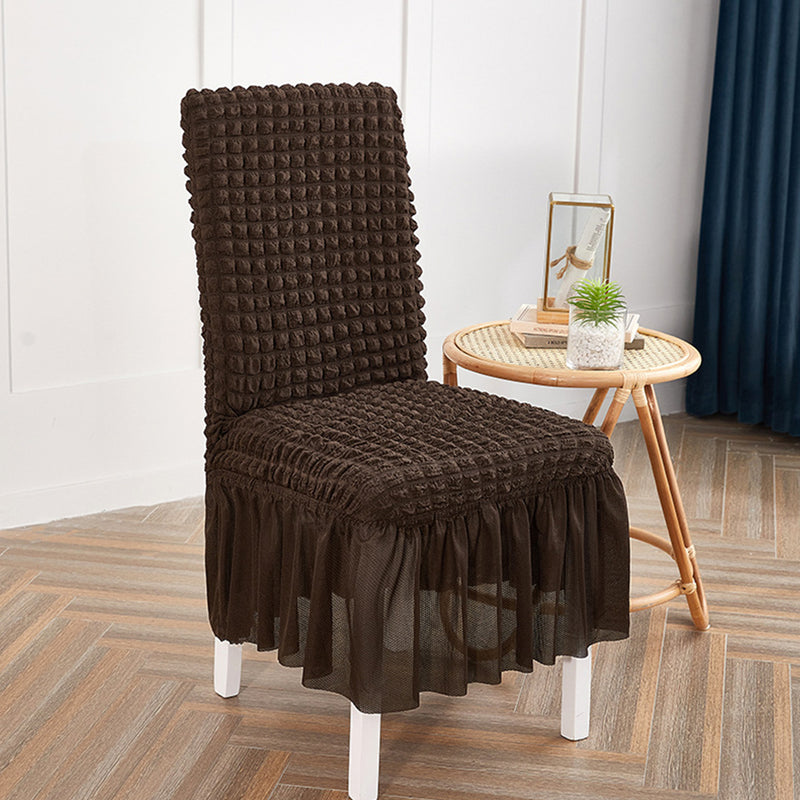 2X Stretch Polyester Chair Covers Ruffle Skirt Coffee Fits Seat Back 45 To 60cm