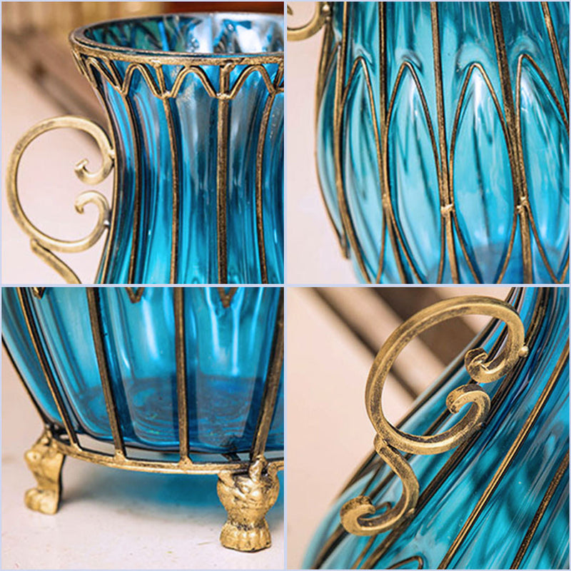 51cm Blue Glass Floor Vase Gold Metal Base With 12pcs Dark Pink Artificial Roses
