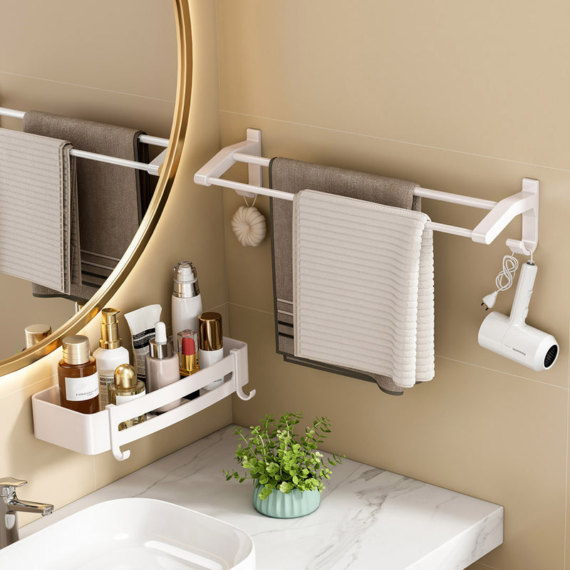 Wall Mounted Aluminum Double Pole Towel Rack 52cm White Rust Proof With Hooks