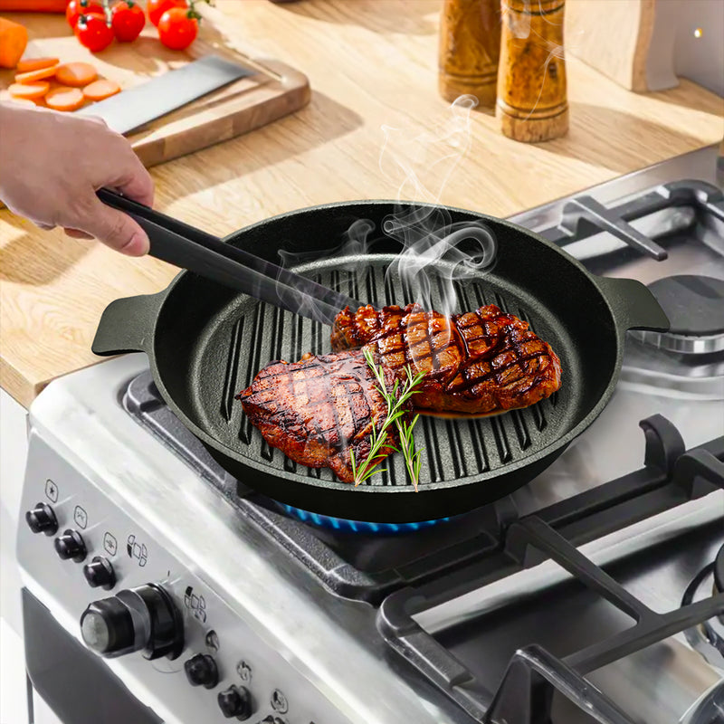 2X 26cm Round Ribbed Cast Iron Frying Pan Skillet Pre Seasoned Non Stick Handle