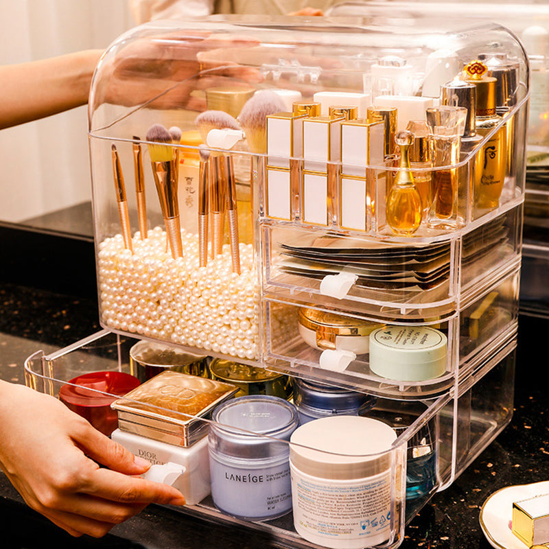 Transparent Plastic Makeup Storage Box 32.5x21x34Cm Drawer Lid Dustproof Pearls