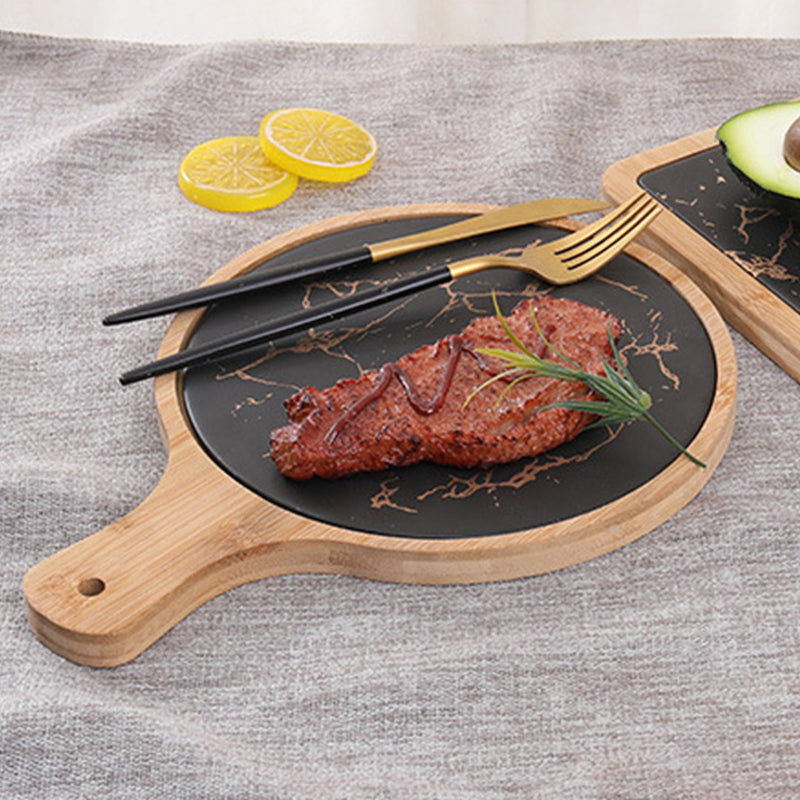 30cm Black Wooden Serving Tray Removable Slate Center Round Steak Platter