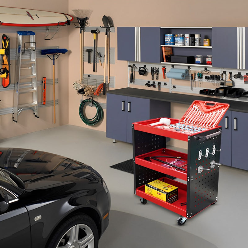 3 Tier Tool Storage Cart Portable Heavy Duty Steel Red with Hooks 66x36x73cm