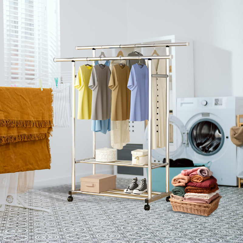 120x150x95cm Stainless Steel Floor Standing 3 Pole Clothes Rack With Wheels