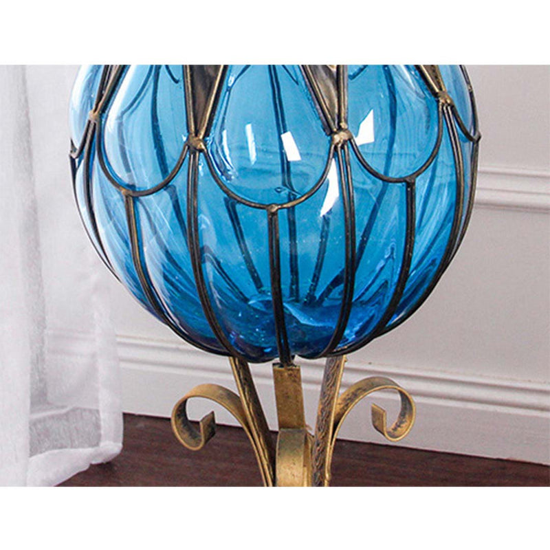 85cm Blue Glass Metal Floor Vase 12pcs White Silk Flowers Home Decor