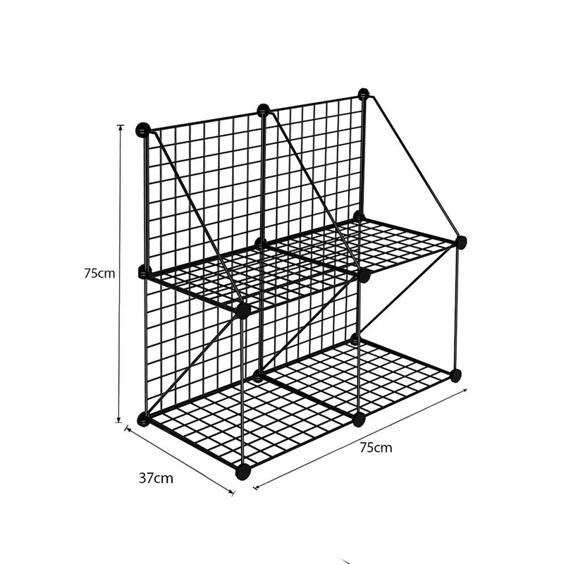 2X Black Portable 4 Cube 2 Tier Iron Wire Mesh Storage Organiser 75x37x75cm