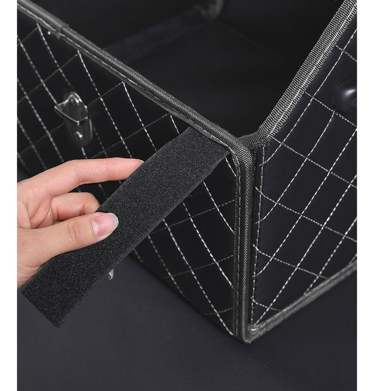 Leather Car Trunk Organizer Medium Portable Foldable Black White Stitch Box