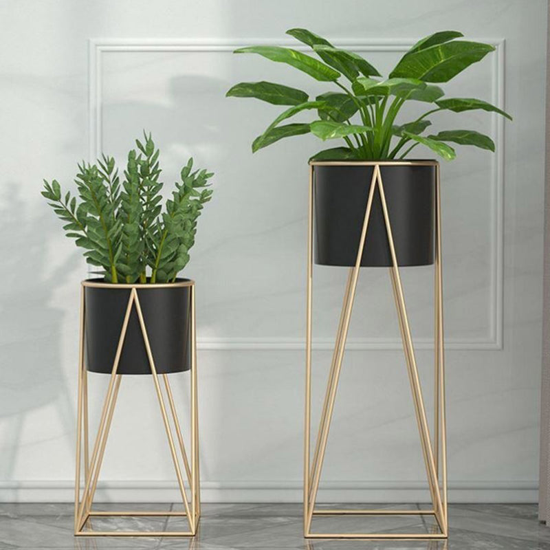 2X 50cm Gold Metal Corner Plant Stands With Black Enamel Pots 18cm X 20cm