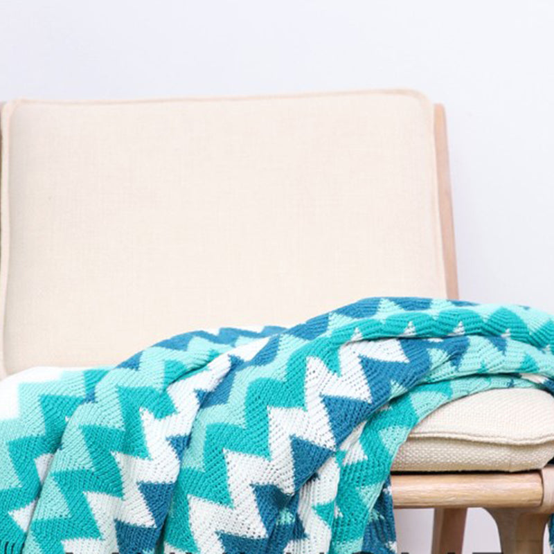 Zigzag Striped Acrylic Throw Blanket 130x170cm Knitted Fringed Blue Teal