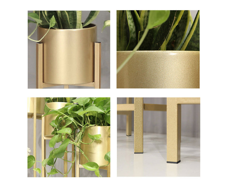 4X Gold Metal Plant Stand Set 30cm Tall 20cm Enamel Pots Corner