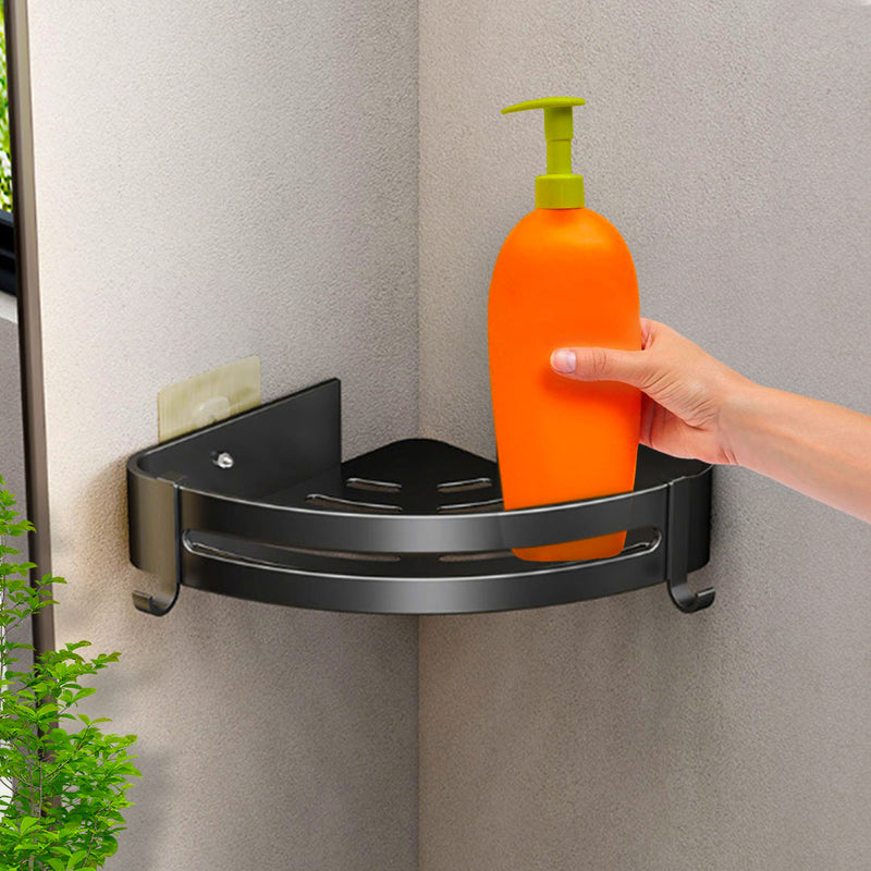 2X Black Aluminum Corner Bathroom Shelf Rack Wall Mounted Hooks 24.5x24x6cm