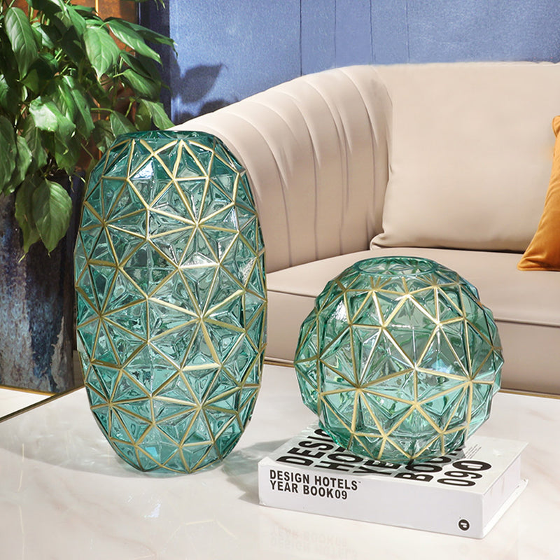 Green Glass Diamond Cut Flower Vase Large And Medium Set Gold Accent