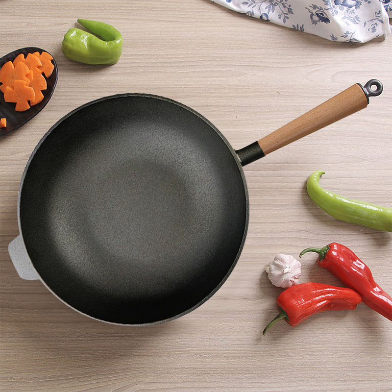 2X 31cm Cast Iron Round Thick Bottom Wok Non Stick Black Long Wood Handle