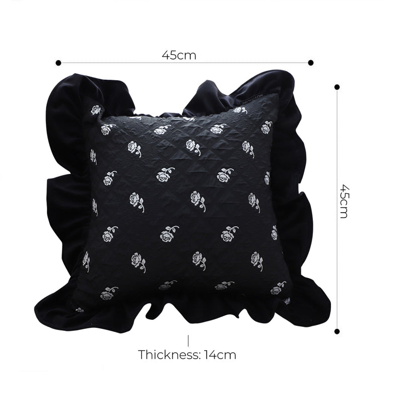 2X 45cm Black Ruffled Square Decorative Pillow Polyester for Sofa Bed Chair