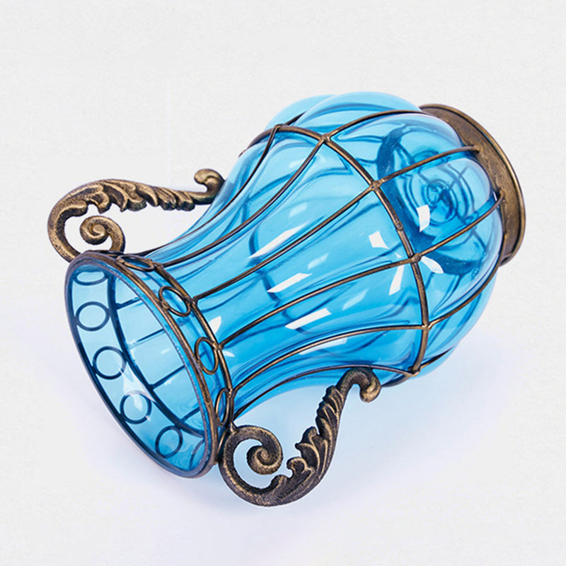 Blue Glass Vase Gold Metal Trim 10x14x26cm 8 Bunch 3 Heads Pink Silk Hibiscus