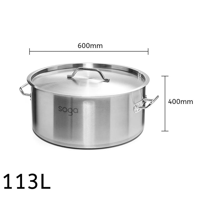 Stock Pot 113L Stainless Steel 18/10 Thick Bottom Durable Easy Clean
