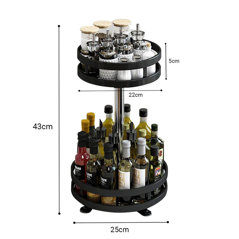 2 Tier Black Round Rotating Kitchen Spice Rack Carbon Steel Organizer Shelf