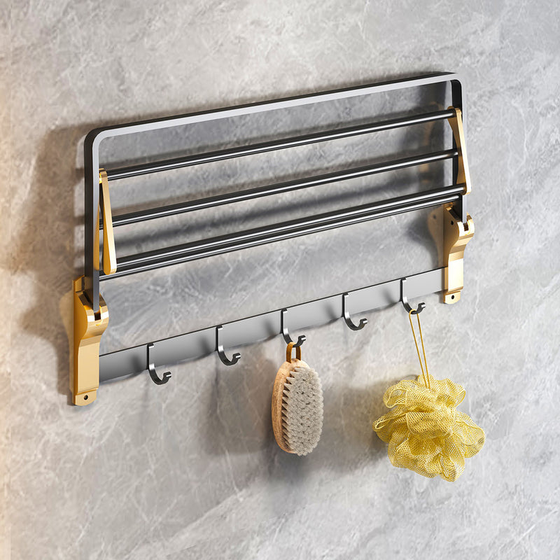 2X 63cm Aluminum Wall Mounted Double Pole Towel Rack With Hooks Black Gold
