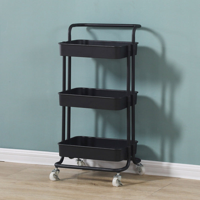 3 Tier Steel Kitchen Cart PVC Trays Black Locking Castor Wheels 10kgs Per Shelf