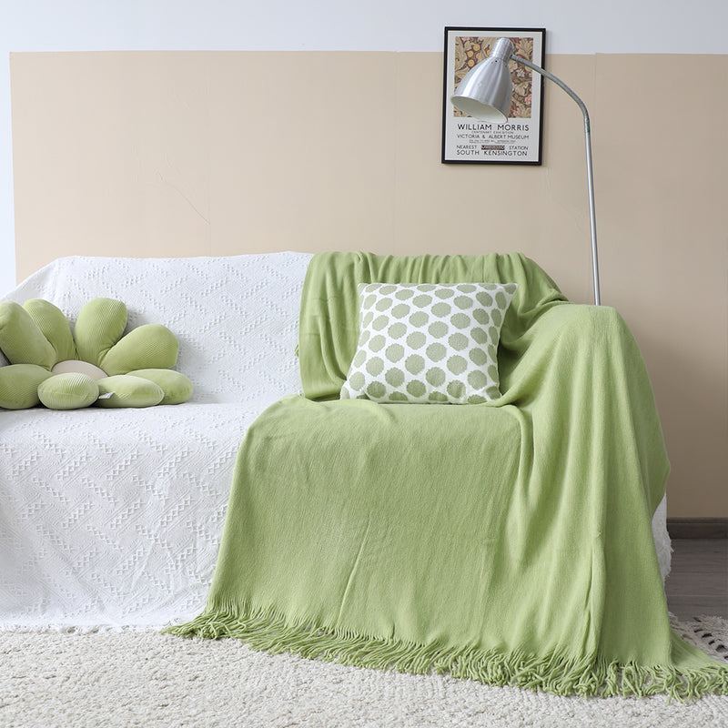 Green Acrylic Knitted Throw Blanket 130cmx220cm Solid Fringed Home Decor