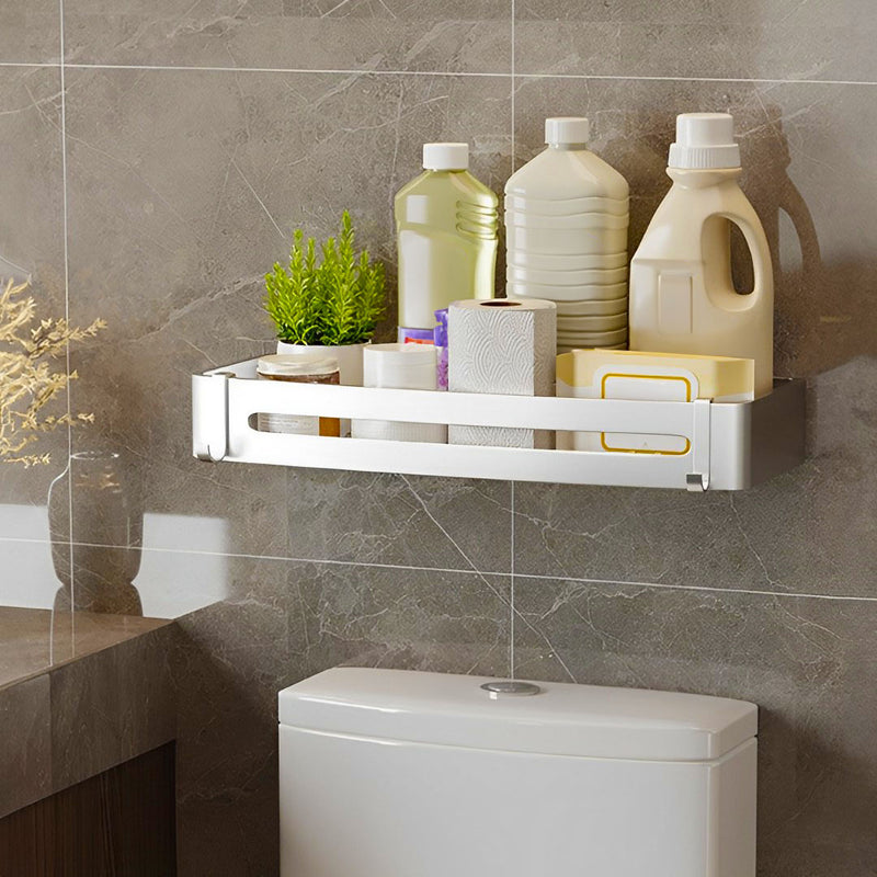 Silver Wall-Mounted Aluminum Bathroom Shelf Rack Space Saving Waterproof Hooks