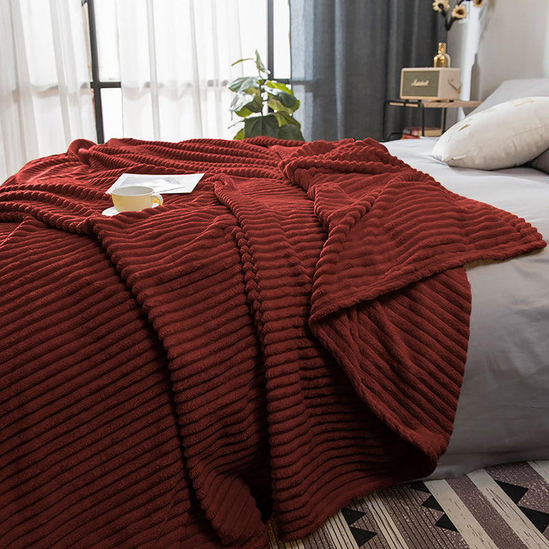 2X Burgundy Flannel Fleece Throw Blanket Striped Cozy Thin Lightweight Coverlet