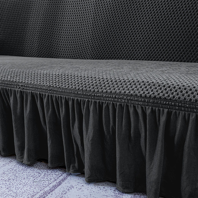 2 Seater Polyester Sofa Slipcover Stretch Ruffle Skirt Dark Grey Fits 145 185 Cm