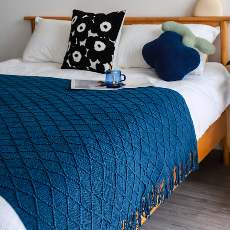 2X Royal Blue Acrylic Knitted Throw Blanket 130x230cm Diamond Fringed