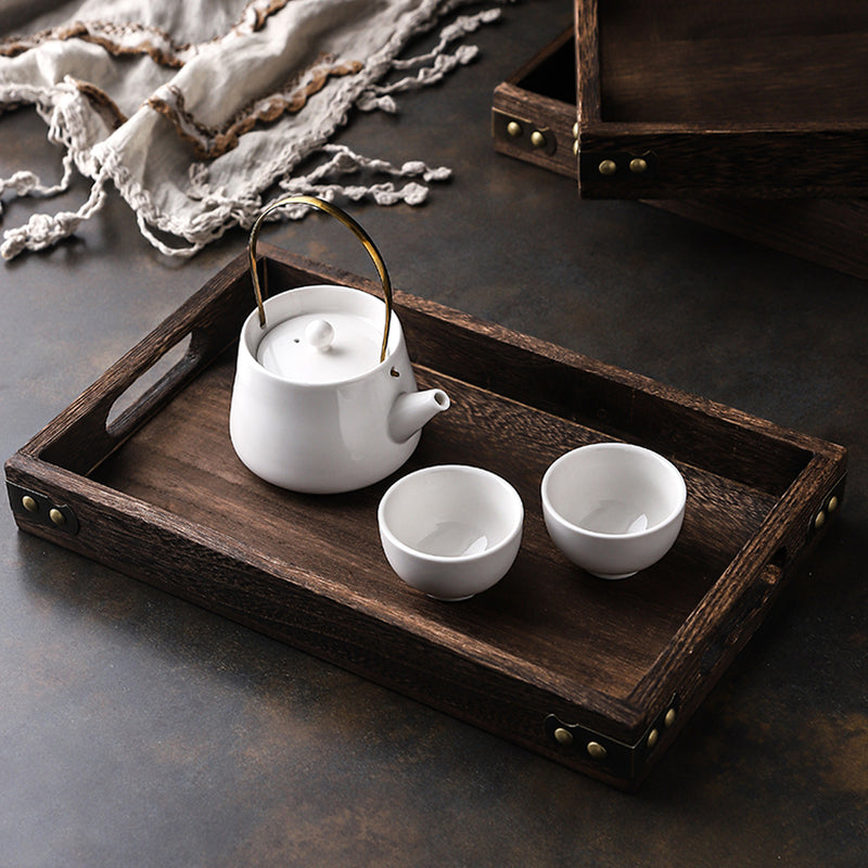 2X Medium Walnut Rectangle Wooden Serving Tray Tung Wood Metal 36cmx24cmx4cm