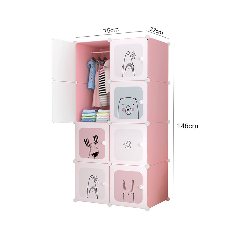 8 Cubes Pink Portable Wardrobe Polypropylene Panels Iron Wire Frame 75x37x146cm