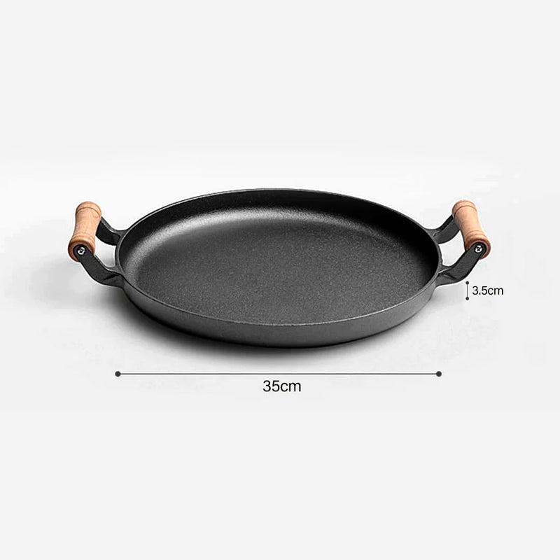 2X 35cm Cast Iron Sizzle Pan Skillet With Wooden Handle Induction Safe