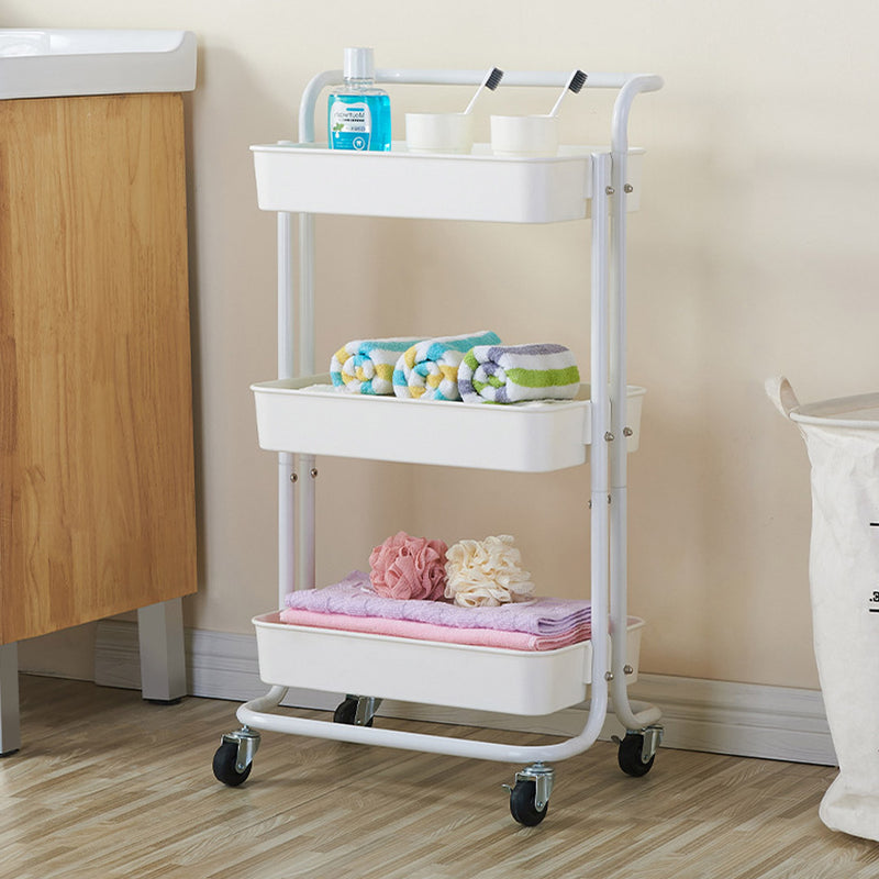 3 Tier White Steel Kitchen Cart With Wheels Multi-Functional Storage Shelves