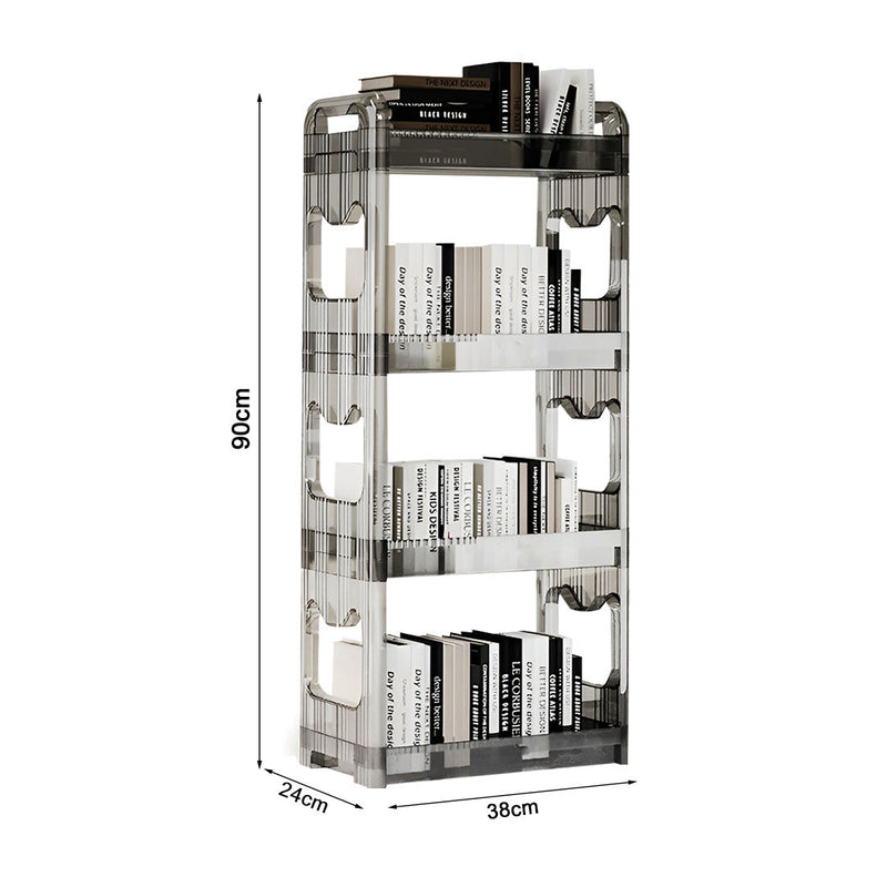 Clear 4 Tier Bookshelf Organizer 38X24X90cm Plastic Trolley Rack with Wheels
