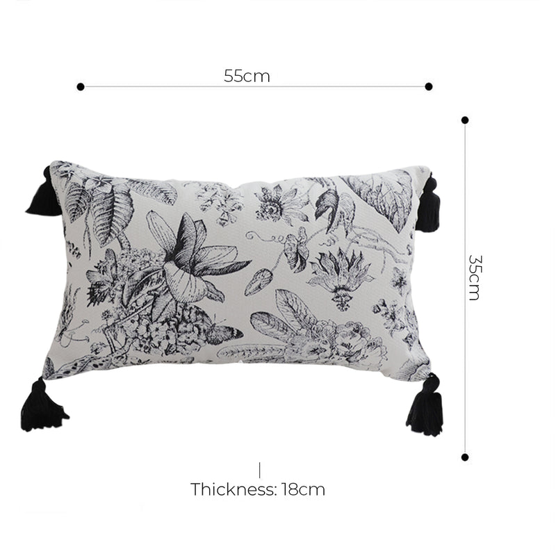 2X Throw Pillow Polyester Cotton 35x55x18cm Black And White Floral Tassel