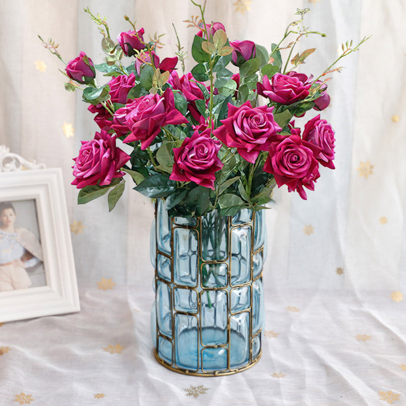 Blue Glass Cylinder Vase with 8 Bunch Fake Silk Rose Flowers for Home Decor