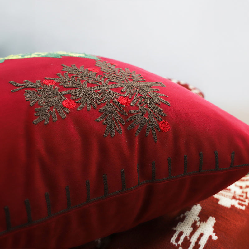 2X Burgundy Red Plush Square Throw Pillow 45cm Embroidered Christmas Trees