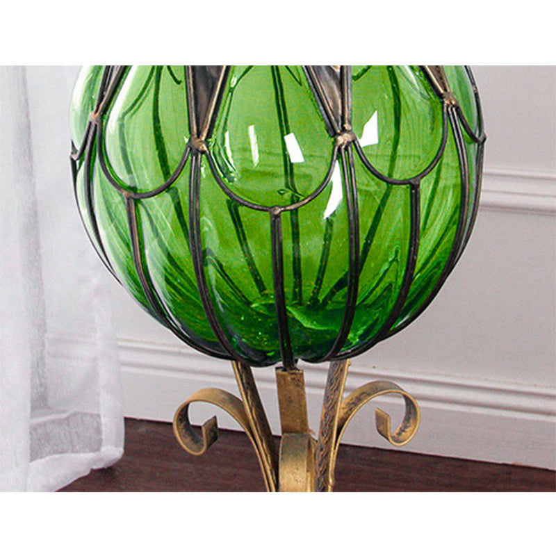 85cm Green Glass Floor Vase Gold Base With 12pcs Dark Pink Artificial Flowers