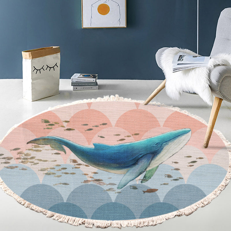120cm Round Polyester Area Rug Shark Print Tassels Multicolor Non Slip Backing
