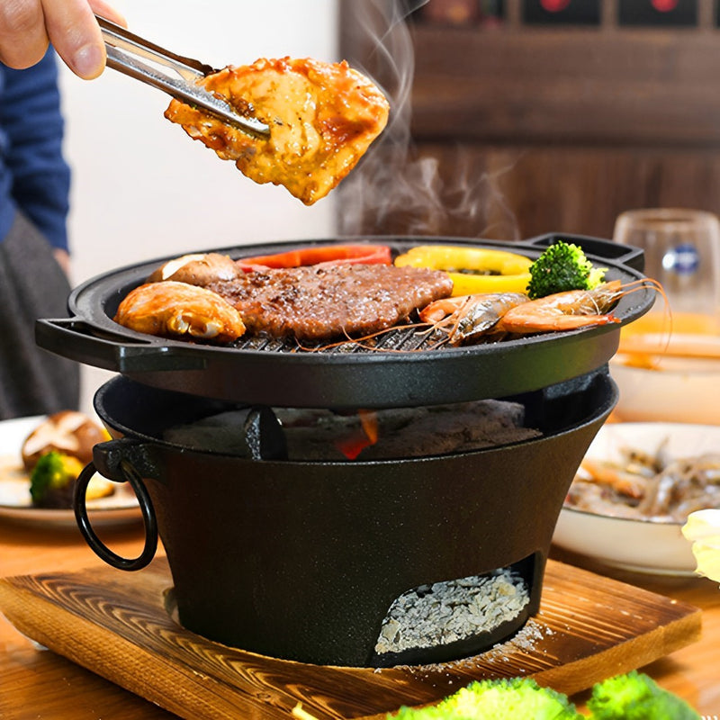 Small Cast Iron Tabletop Charcoal Grill 21cm Steel Net Black Wood Base