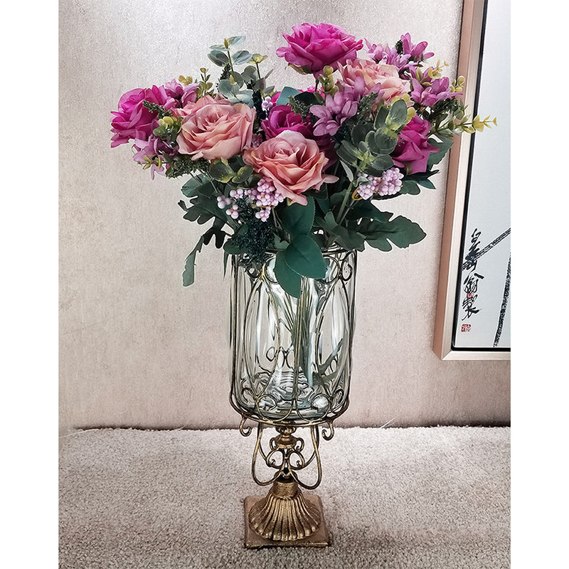European Clear Glass Cylinder Vase Gold Metal Pattern 38cm Home Decor