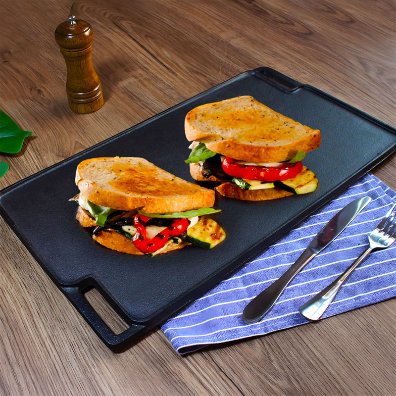 2X 45cm Rectangular Cast Iron Griddle Pan Pre Seasoned Black With Handle