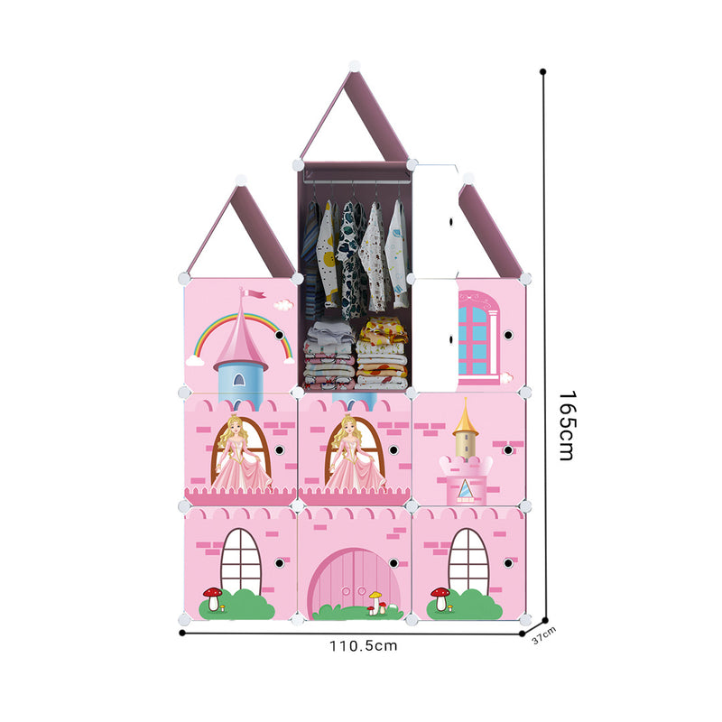 10 Cubes Diy Castle Print Portable Wardrobe Polypropylene 110x37x165cm Pink