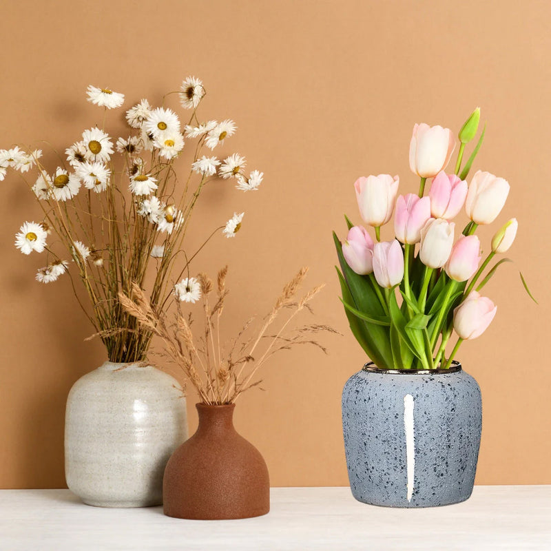 Small Ceramic Flower Vase 21x22cm Grey Handcrafted Elegant Living Room Decor