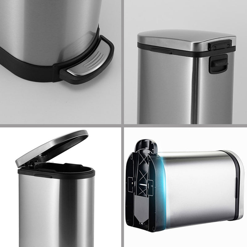 2X 10L Stainless Steel U Shaped Foot Pedal Bin Soft Close Removable Inner