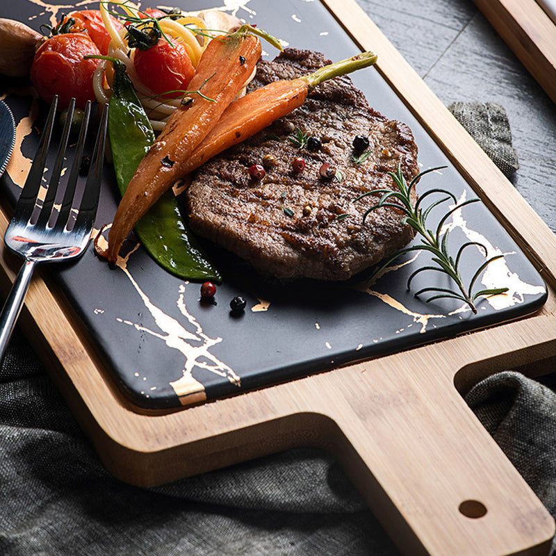 2X 33.5cm Black Square Wooden Tray With Slate Center Serving Platter