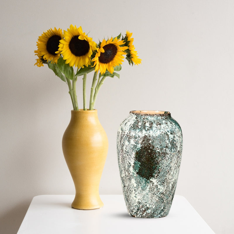 1X Medium Ceramic Flower Vase 30cm Height 19cm Diameter Green Handcrafted