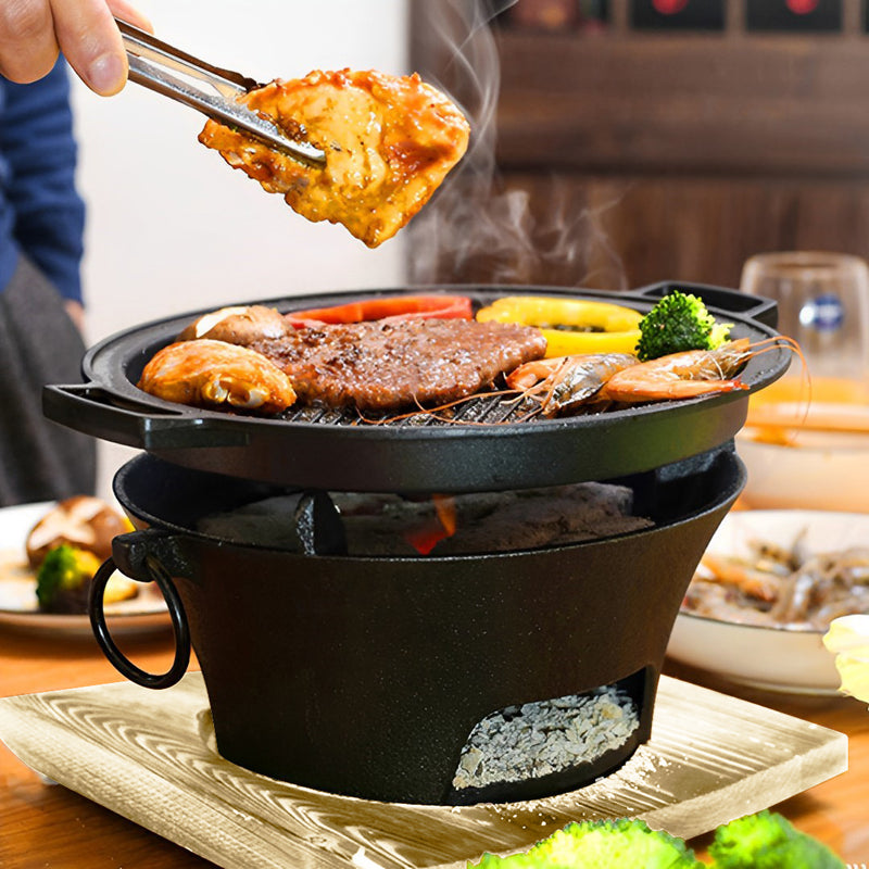Large Cast Iron Round Table Charcoal Grill Stove 27cm Steel Net Black Wood Base
