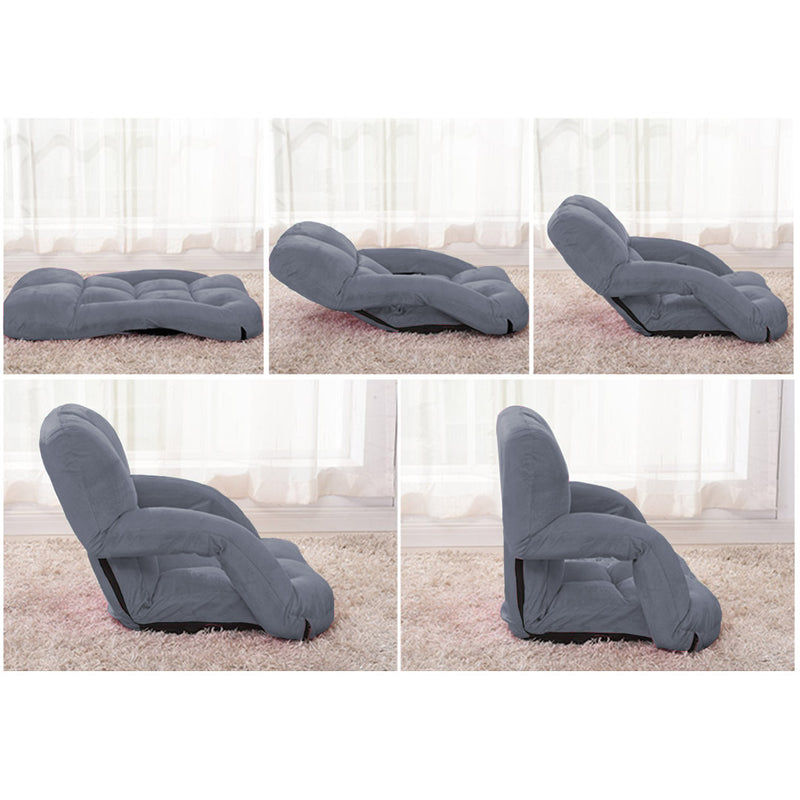 Foldable Grey Floor Lounge Chair Adjustable Recliner with Armrest Flannel
